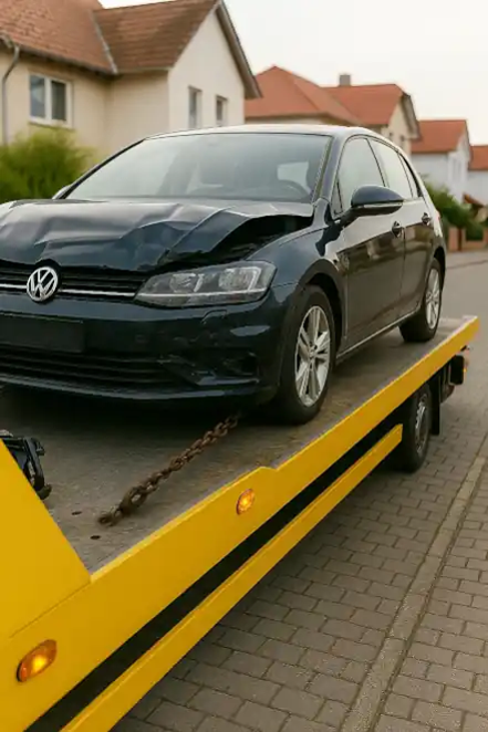 Ein defektes Auto wird abgeschleppt, um den Autoankauf in Mainz für Fahrzeuge in jedem Zustand zu erleichtern.
